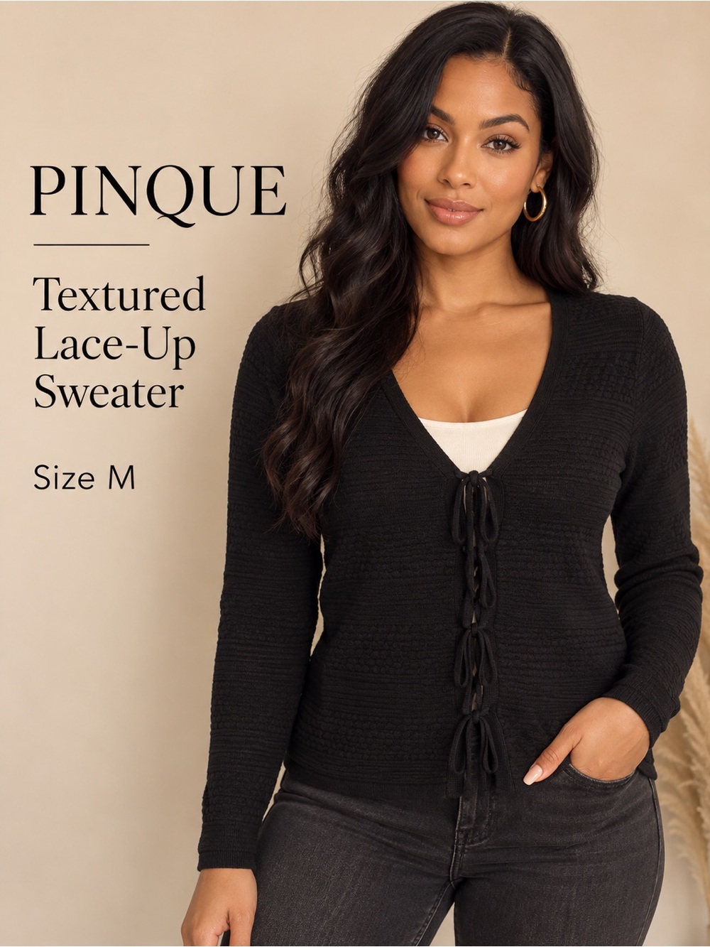 Pinque Textured Black Lace-Up Front Sweater Top Size M